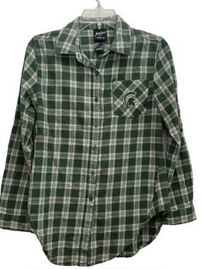 Michigan State Spartan MSU Plaid Button Up Shirt Women SMALL Green Plaid Flannel